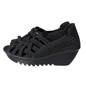 Bernie Mev Womens 7  Black Woven‎ Elastic Peep Toe Platform Shoes